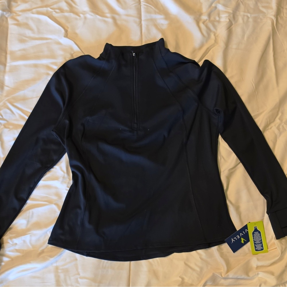 Vively Women's Black 1/4 Zip Mock Neck Stretch Athletic Long Sleeve Top L #69
